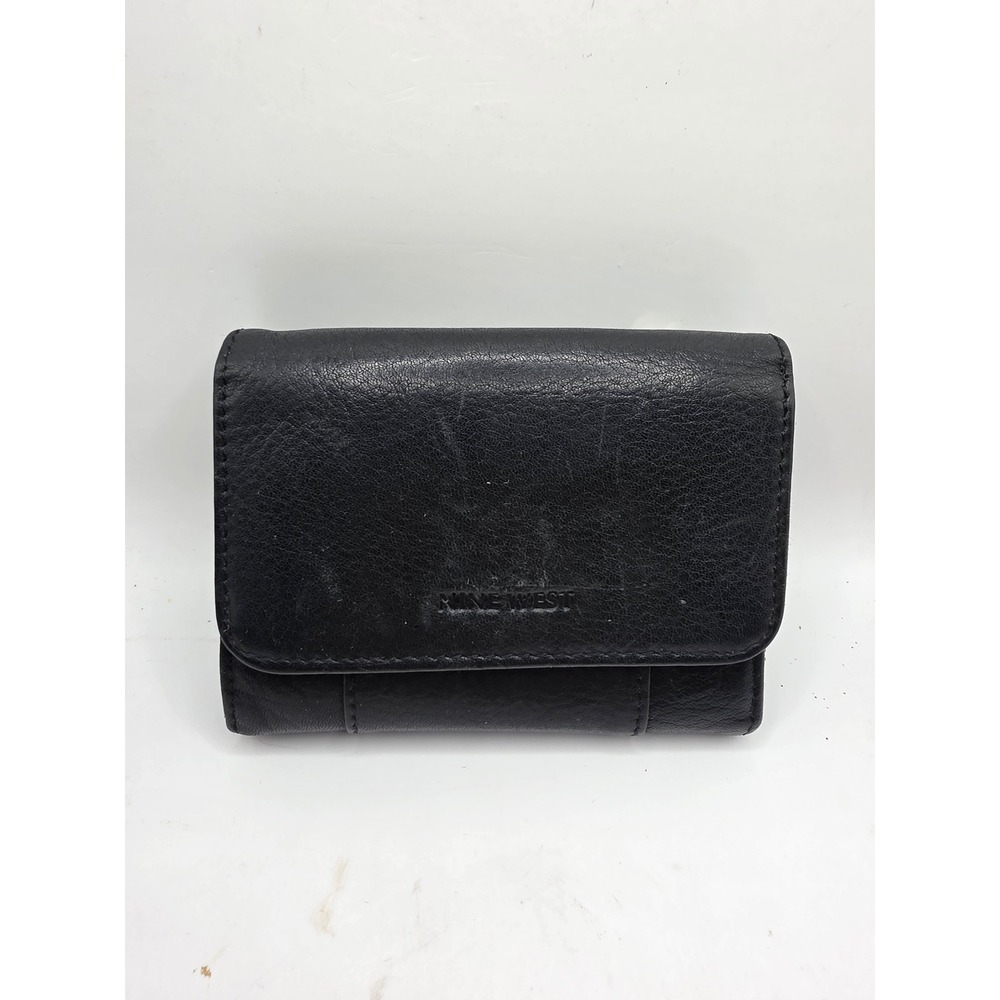 Nine West Black Faux Leather Trifold Wallet with Zip Coin Pocket and ID Window